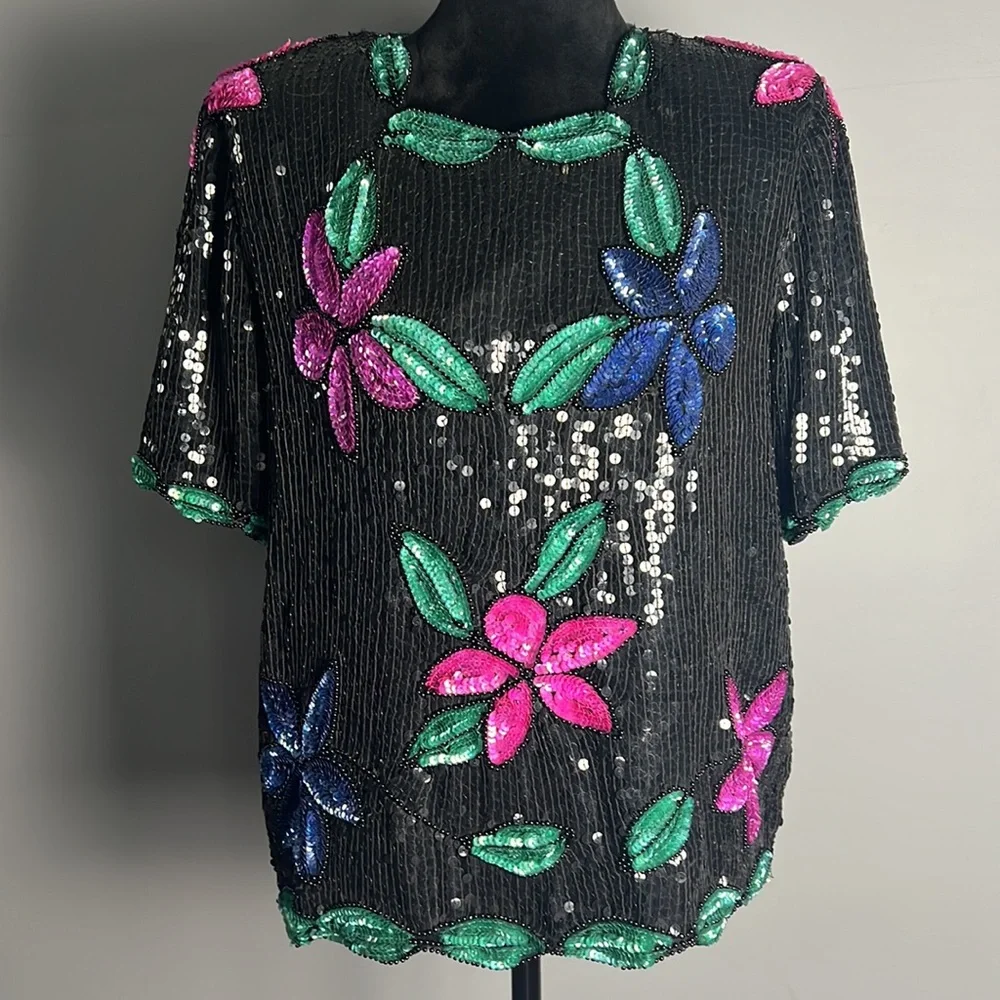 Vintage Stenay 100% Silk Floral Beaded Sequin Floral Blouse Shirt - Picture 4 of 7